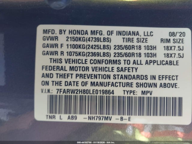Honda Cr-v Awd Ex-l 2020 7FARW2H80LE019864 Image 9