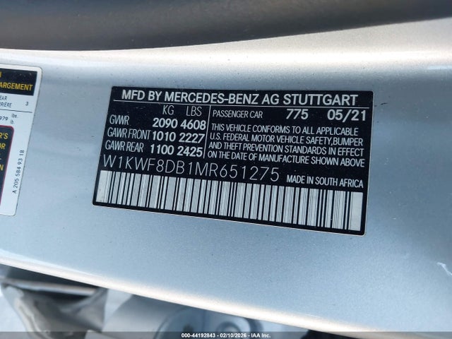 Продажа на аукционе авто 2021 Mercedes-benz C 300 Sedan, vin: W1KWF8DB1MR651275, номер лота: 44192843