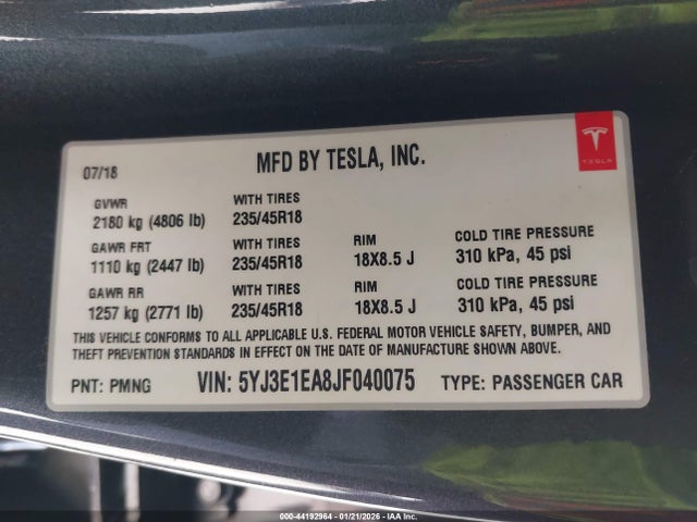 2018 TESLA MODEL 3 5YJ3E1EA8JF040075 Photo 8
