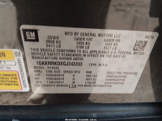 Aukcja sprzedaży 2016 Gmc Acadia Slt-1, vin: 1GKKRRKDXGJ343393, numer aukcji: 44192993