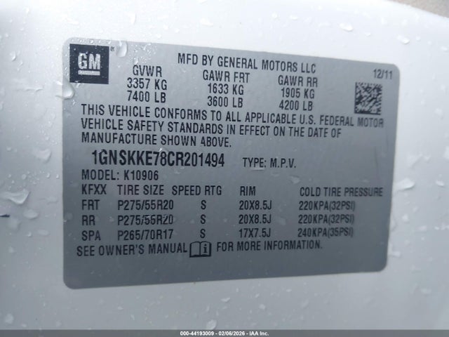 Aukcja sprzedaży 2012 Chevrolet Suburban 1500 Ltz, vin: 1GNSKKE78CR201494, numer aukcji: 44193009