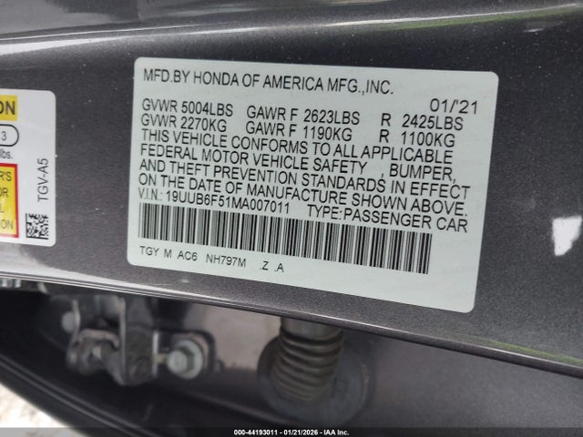 44193011 :رقم المزاد ، 19UUB6F51MA007011 vin ، 2021 Acura Tlx A-spec Package مزاد بيع