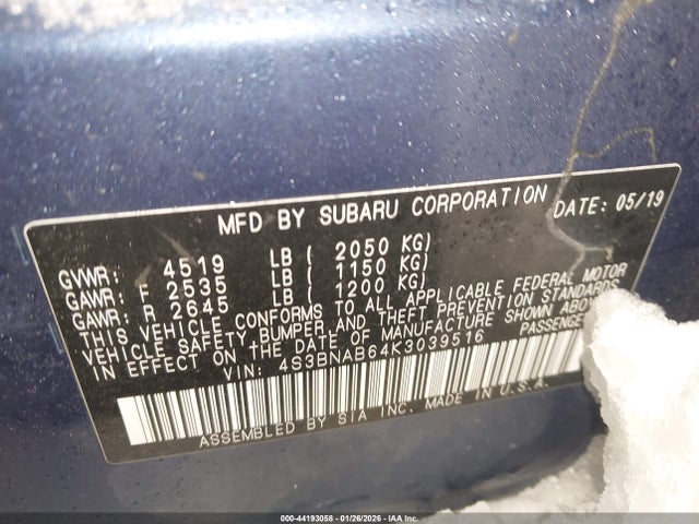 Продаж на аукціоні авто 2019 Subaru Legacy 2.5i, vin: 4S3BNAB64K3039516, номер лоту: 44193058