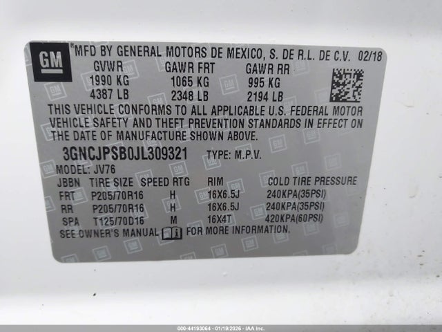 3GNCJPSB0JL309321 Chevrolet Trax Lt