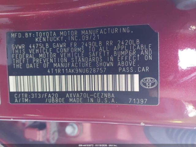 2022 TOYOTA CAMRY 4T1R11AK9NU628757 Photo 8