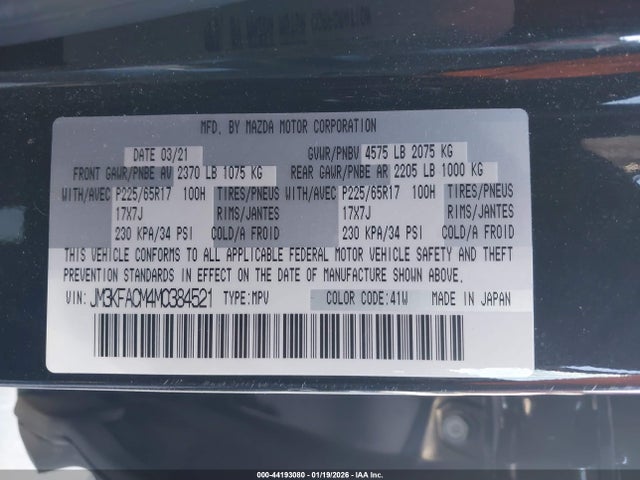 44193080 :رقم المزاد ، JM3KFACM4M0384521 vin ، 2021 Mazda Cx-5 Touring مزاد بيع