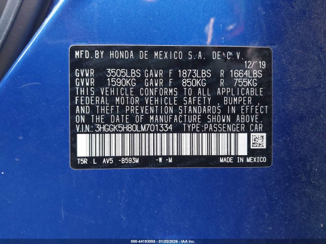 3HGGK5H80LM701334 Honda FIT EX