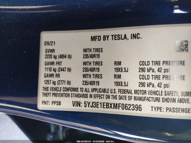 5YJ3E1EBXMF062396 Tesla Model 3 Long Range Dual Motor All-wheel Drive