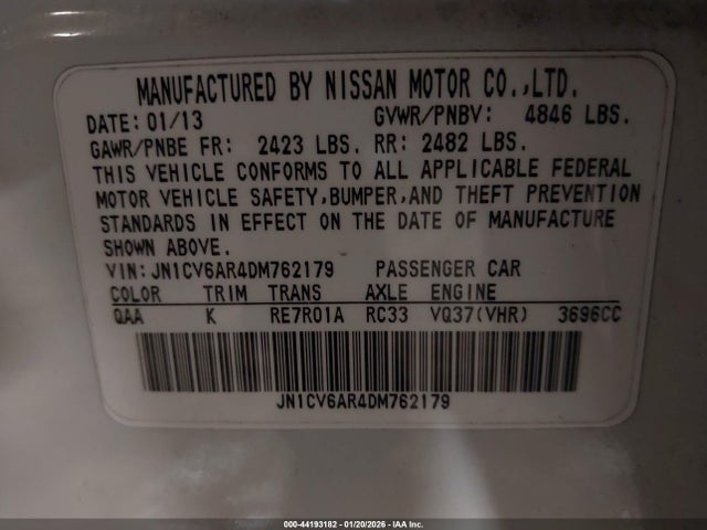 44193182 :رقم المزاد ، JN1CV6AR4DM762179 vin ، 2013 Infiniti G37x مزاد بيع