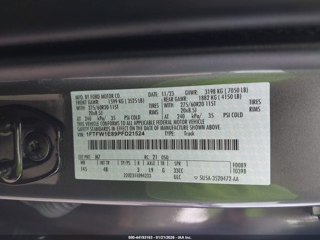 44193183 :رقم المزاد ، 1FTFW1E89PFD21524 vin ، 2023 Ford F-150 Xlt مزاد بيع