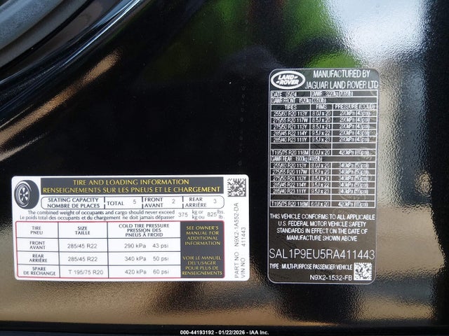 Aukcja sprzedaży 2024 Land Rover Range Rover Sport Se, vin: SAL1P9EU5RA411443, numer aukcji: 44193192