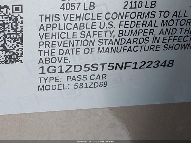 1G1ZD5ST5NF122348 Chevrolet Malibu Fwd Lt