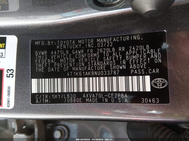 Aukcja sprzedaży 2022 Toyota Camry Xse, vin: 4T1K61AK8NU033787, numer aukcji: 44193233