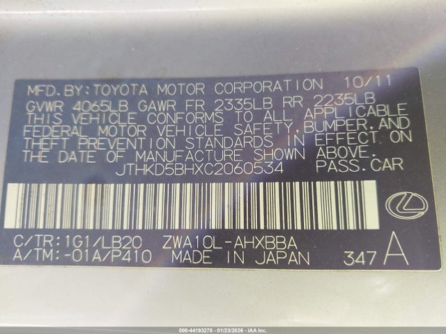 44193278 :رقم المزاد ، JTHKD5BHXC2060534 vin ، 2012 Lexus Ct 200h Premium مزاد بيع