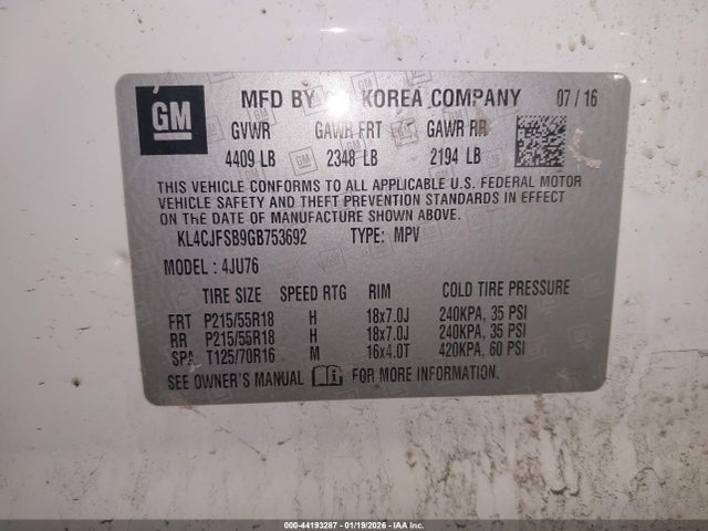 Продажа на аукционе авто 2016 Buick Encore Convenience, vin: KL4CJFSB9GB753692, номер лота: 44193287