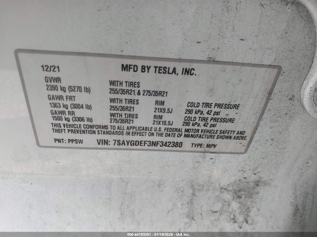 Aukcja sprzedaży 2022 Tesla Model Y Performance Dual Motor All-wheel Drive, vin: 7SAYGDEF3NF342380, numer aukcji: 44193381