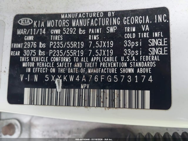 44193446 :رقم المزاد ، 5XYKW4A76FG573174 vin ، 2015 Kia Sorento Sx V6 مزاد بيع