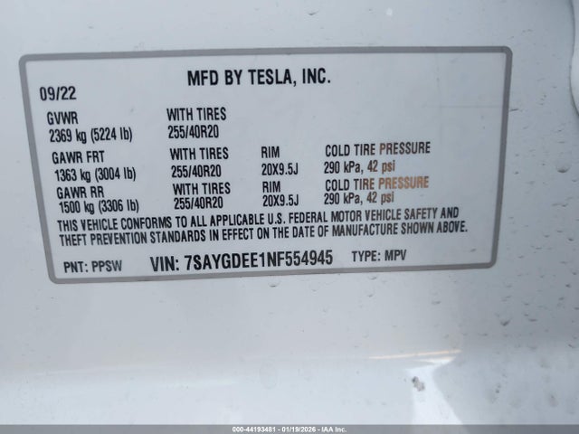 7SAYGDEE1NF554945 Tesla Model Y Long Range Dual Motor All-wheel Drive