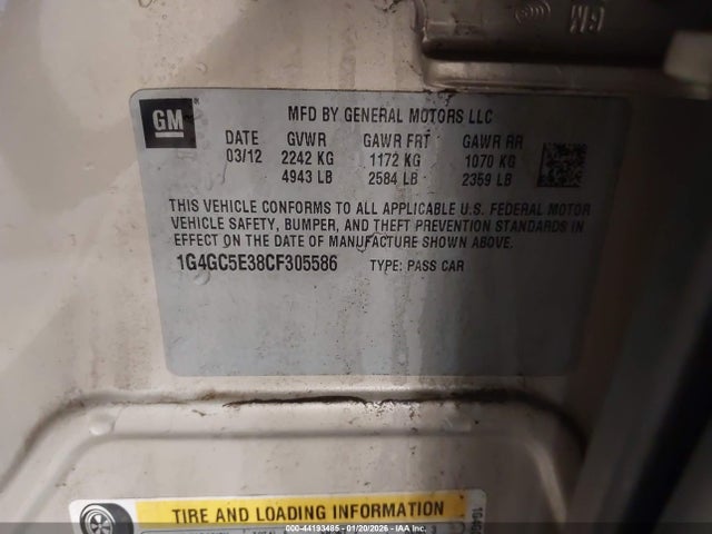 44193485 :رقم المزاد ، 1G4GC5E38CF305586 vin ، 2012 Buick Lacrosse Leather Group مزاد بيع
