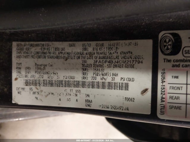 2012 Ford Fiesta Se მანქანა იყიდება აუქციონზე, vin: 3FADP4BJ4CM217794, აუქციონის ნომერი: 44193487