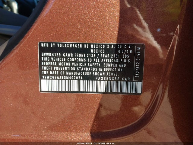44193514 :رقم المزاد ، 3VW267AJ8GM407074 vin ، 2016 Volkswagen Jetta 1.4t S مزاد بيع