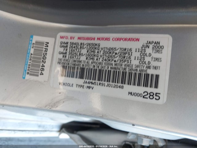 2001 MITSUBISHI MONTERO JA4MW51R91J012048 Photo 8