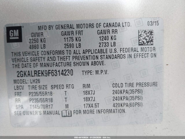 44193634 :رقم المزاد ، 2GKALREK9F6314230 vin ، 2015 Gmc Terrain Sle-2 مزاد بيع