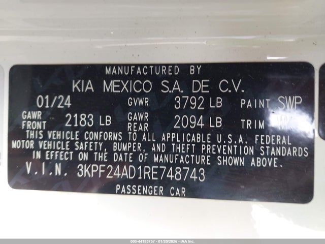 3KPF24AD1RE748743 KIA Forte Lxs