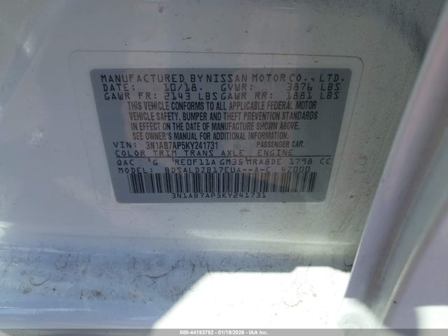 Продаж на аукціоні авто 2019 Nissan Sentra Sv, vin: 3N1AB7AP5KY241731, номер лоту: 44193792