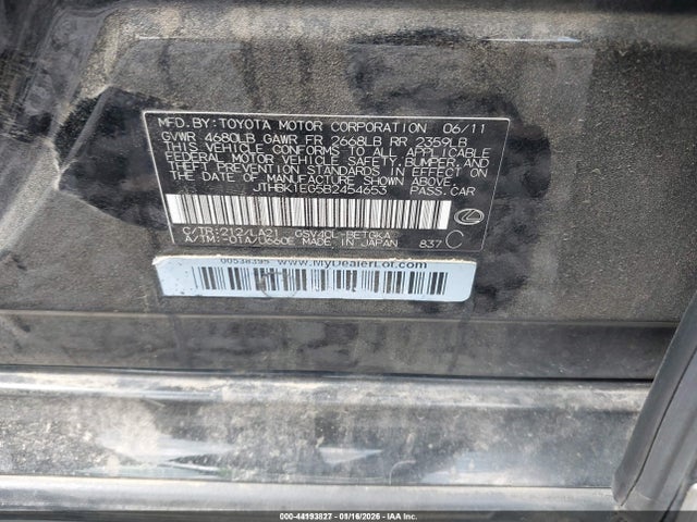 44193827 :رقم المزاد ، JTHBK1EG5B2454653 vin ، 2011 Lexus Es 350 مزاد بيع