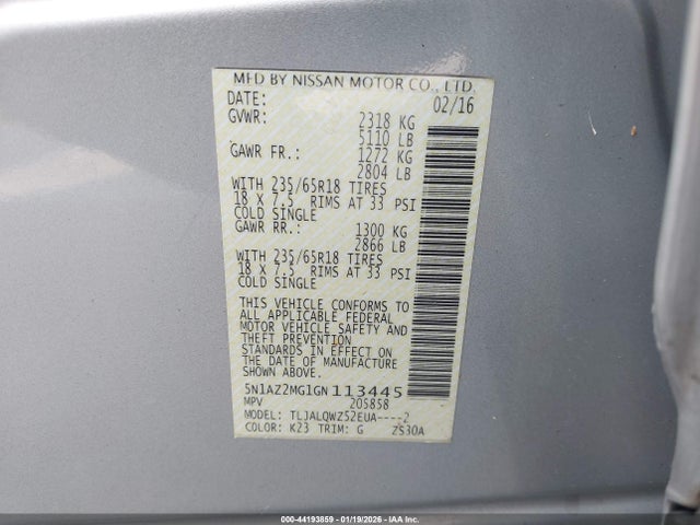Aukcja sprzedaży 2016 Nissan Murano Platinum/s/sl/sv, vin: 5N1AZ2MG1GN113445, numer aukcji: 44193859