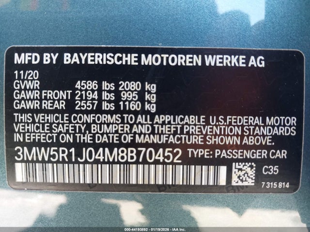 2021 Bmw 330i მანქანა იყიდება აუქციონზე, vin: 3MW5R1J04M8B70452, აუქციონის ნომერი: 44193892