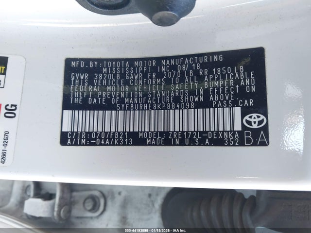 2019 TOYOTA COROLLA 5YFBURHE8KP884098 Photo 8