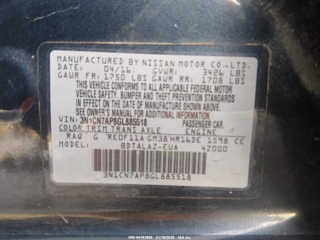 3N1CN7AP8GL885518 Nissan Versa 1.6 S+