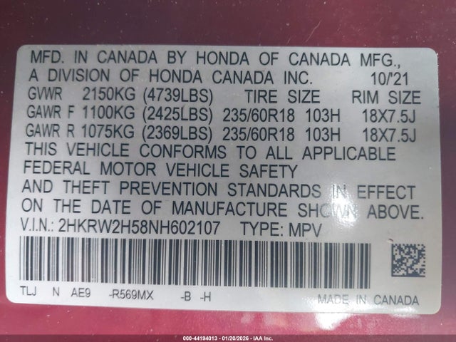 2HKRW2H58NH602107 Honda Cr-v Awd Ex