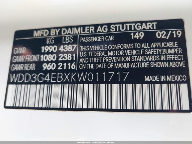 WDD3G4EBXKW011717 Mercedes-Benz A 220