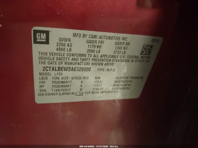 Aukcja sprzedaży 2010 Gmc Terrain Sle-1, vin: 2CTALBEW3A6328000, numer aukcji: 44194052