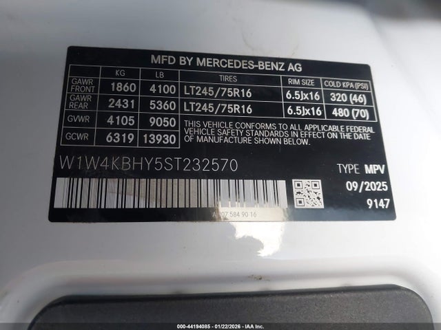 Aukcja sprzedaży 2025 Mercedes-benz Sprinter 2500 Standard Roof 4-cyl Diesel, vin: W1W4KBHY5ST232570, numer aukcji: 44194085