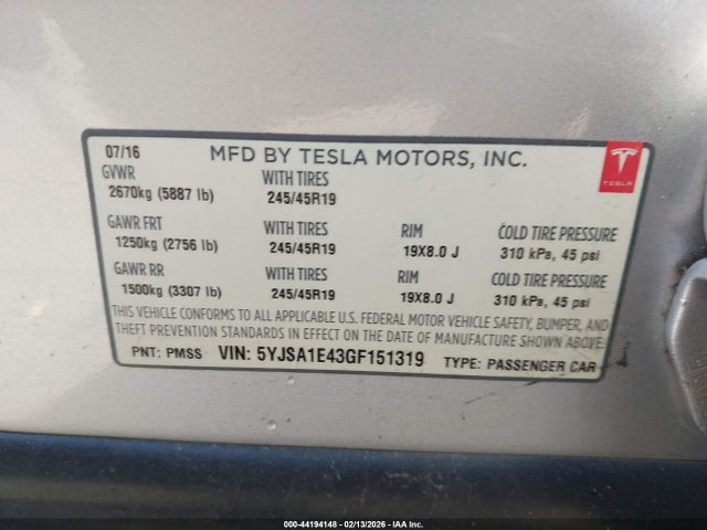 Продаж на аукціоні авто 2016 Tesla Model S 90d/p100d/p85d/p90d, vin: 5YJSA1E43GF151319, номер лоту: 44194148
