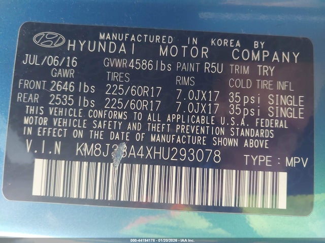 KM8J33A4XHU293078 Hyundai TUCSON SE