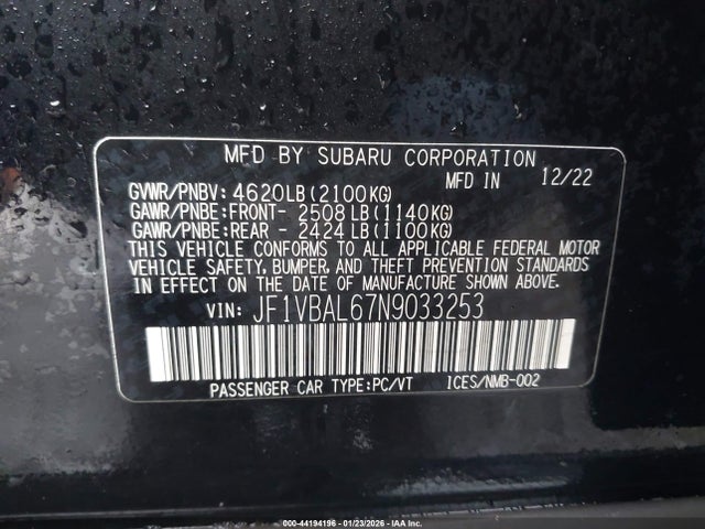 Aukcja sprzedaży 2022 Subaru Wrx Limited, vin: JF1VBAL67N9033253, numer aukcji: 44194196