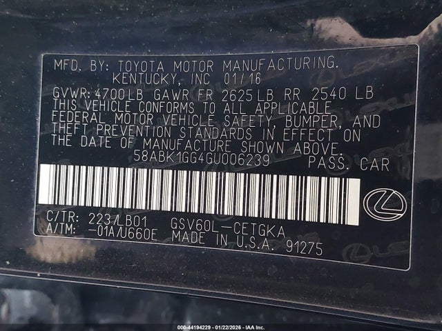 44194229 :رقم المزاد ، 58ABK1GG4GU006239 vin ، 2016 Lexus Es 350 مزاد بيع