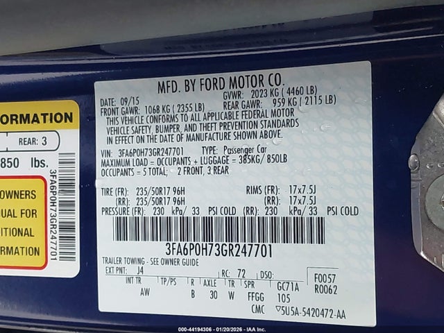 Ford FUSION SE 2016 3FA6P0H73GR247701 Image 9