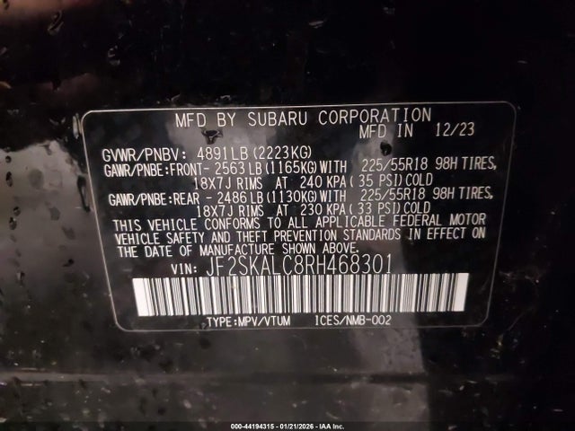 2024 Subaru Forester Limited მანქანა იყიდება აუქციონზე, vin: JF2SKALC8RH468301, აუქციონის ნომერი: 44194315