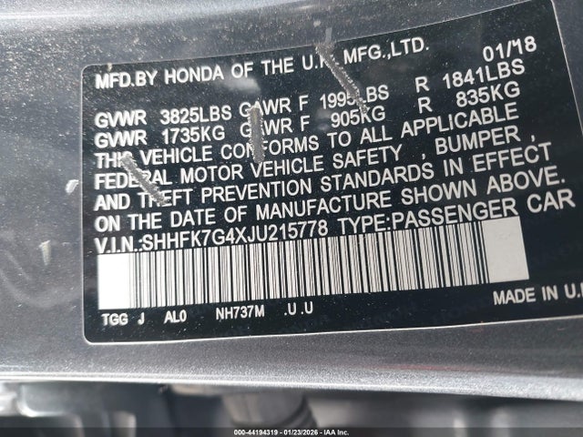 SHHFK7G4XJU215778 Honda Civic Sport