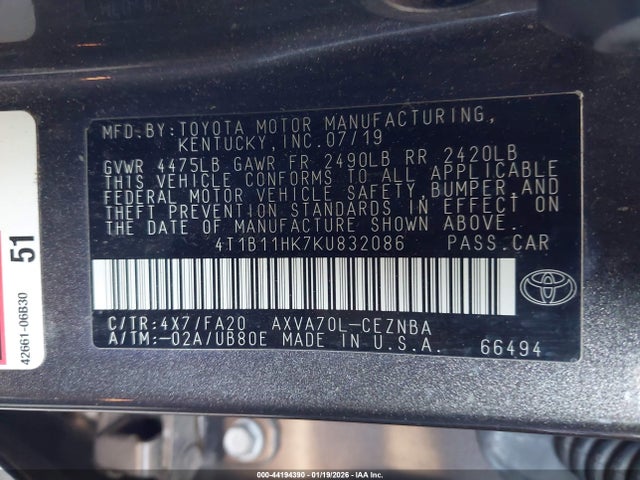 4T1B11HK7KU832086 Toyota CAMRY LE