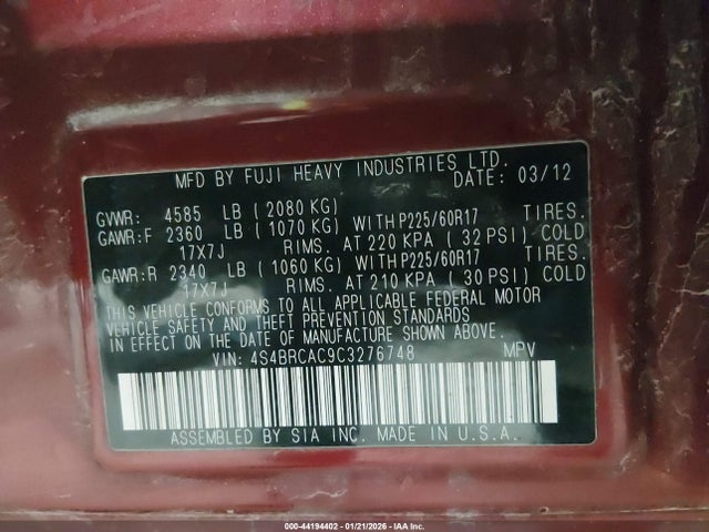 44194402 :رقم المزاد ، 4S4BRCAC9C3276748 vin ، 2012 Subaru Outback 2.5i مزاد بيع