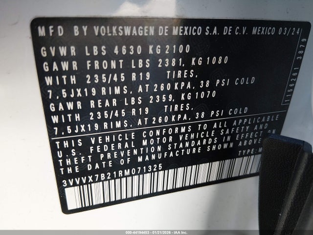 44194453 :رقم المزاد ، 3VVVX7B21RM071325 vin ، 2024 Volkswagen Taos 1.5t Se مزاد بيع