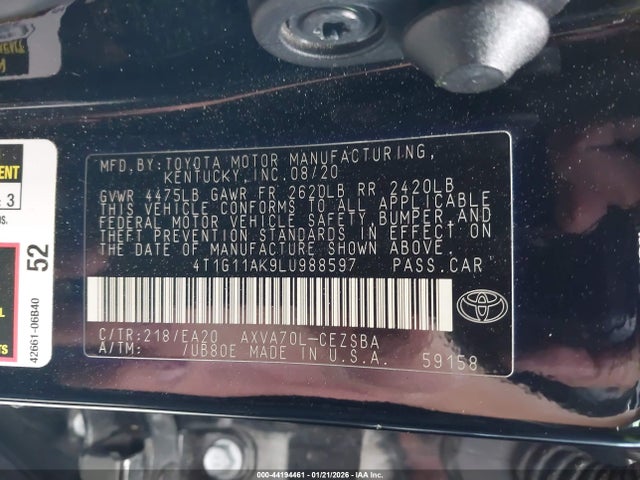 2020 TOYOTA CAMRY 4T1G11AK9LU988597 Photo 8