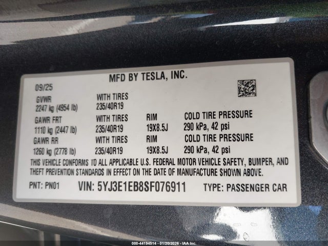 5YJ3E1EB8SF076911 Tesla Model 3 Long Range All-wheel Drive